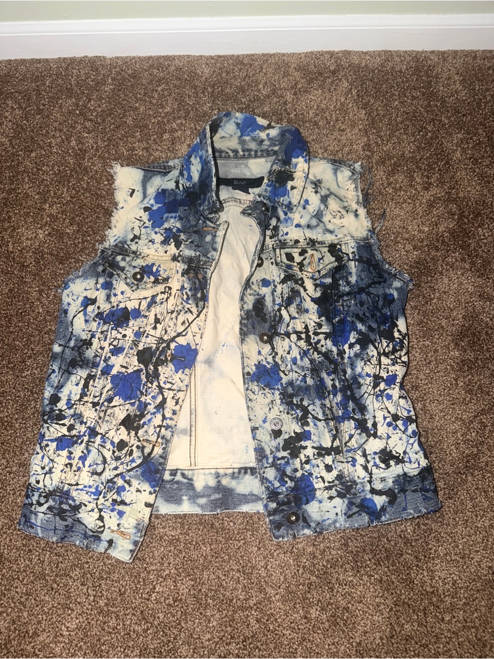 GAP Blue and Black Paint-Splash Denim Vest